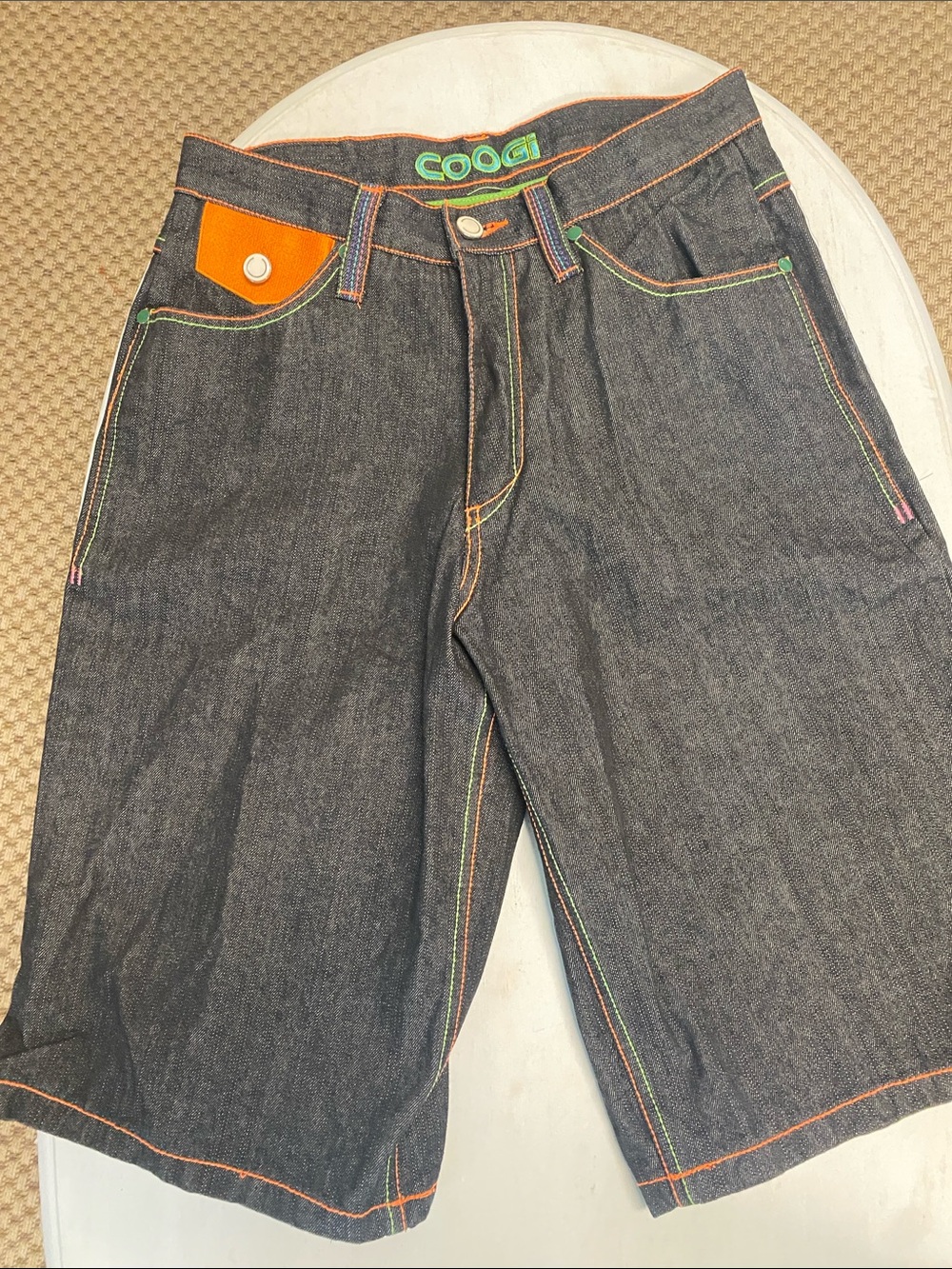 COOGI Dark Denim Shorts with Orange Accent and Multicolor Stitching